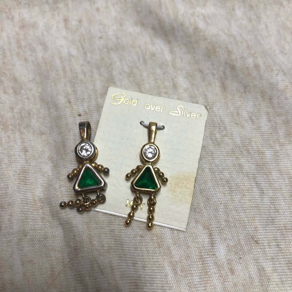 NWT Vintage Birthstone Girl Charms Gold Plated May Emerald Silver